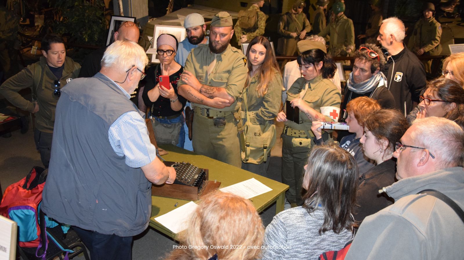 Edmond Kern presents the ENIGMA machine at the Normandy Victory Museum