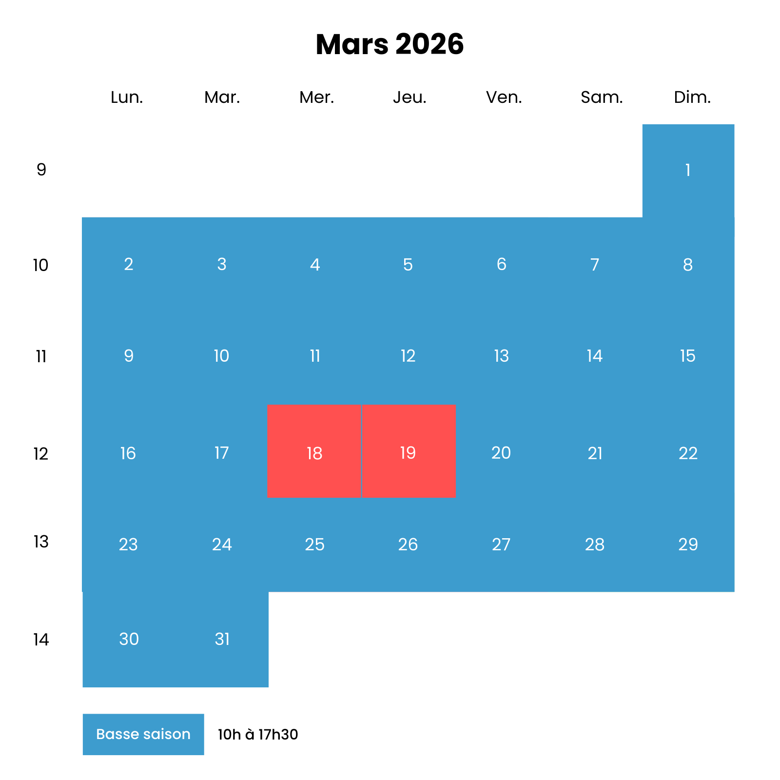 Horaires mars 2026 : Ouvert tous les jours de 10h à 17h30