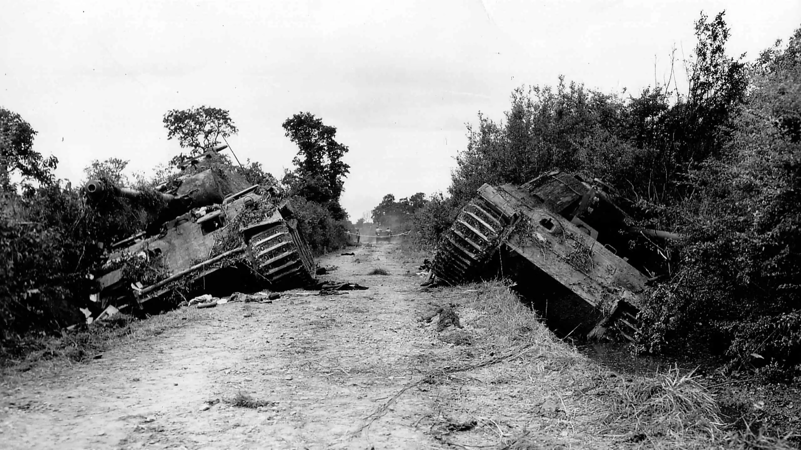 Deux Panzer V détruits sur le bord de la route en Normandie Deux Panzer V détruits sur le bord de la route en Normandie