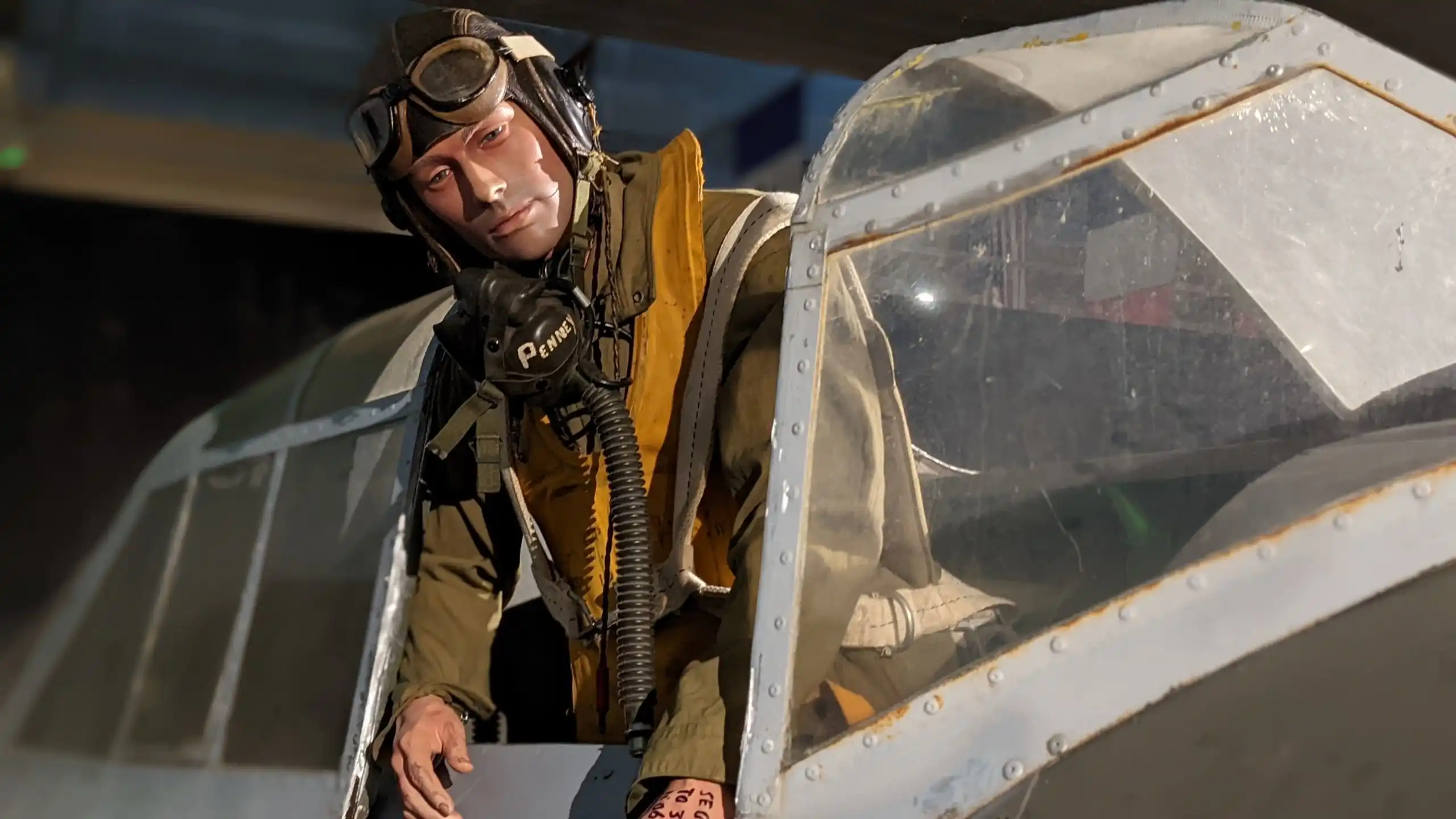 Amerikaanse piloot in een P-47 Thunderbolt op Normandy Victory Museum in Normandië